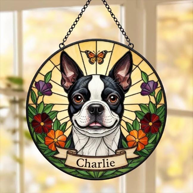 Custom Boston Terrier dog Portrait Stained Glass Suncatcher, Pet Memorial Stained Glass Suncatcher, Dog Loss Keepsake, Pet Loss Gift