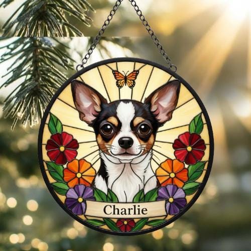 Custom Chihuahua dog Portrait Stained Glass Suncatcher, Pet Memorial Stained Glass Suncatcher, Dog Loss Keepsake, Pet Loss Gift - image 2