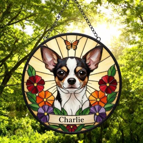 Custom Chihuahua dog Portrait Stained Glass Suncatcher, Pet Memorial Stained Glass Suncatcher, Dog Loss Keepsake, Pet Loss Gift - image 5