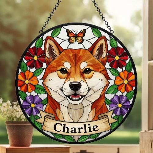 Custom Shiba Inu dog Portrait Stained Glass Suncatcher, Pet Memorial Stained Glass Suncatcher, Dog Loss Keepsake, Pet Loss Gift - image 3