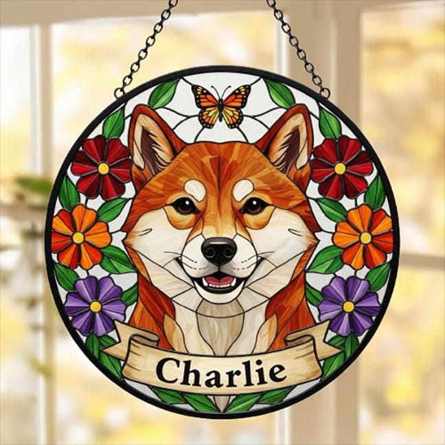 Custom Shiba Inu dog Portrait Stained Glass Suncatcher, Pet Memorial Stained Glass Suncatcher, Dog Loss Keepsake, Pet Loss Gift