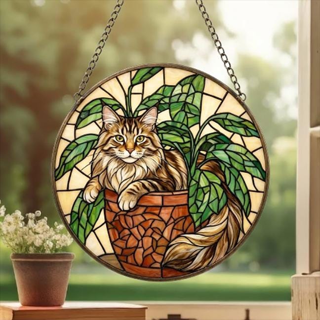Custom Maine Coon Cat Stained Glass Window Hanging for Plant Lovers, Cozy Sunlit Home and Garden Decor, gift for cat lover