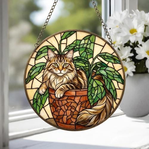 Custom Maine Coon Cat Stained Glass Window Hanging for Plant Lovers, Cozy Sunlit Home and Garden Decor, gift for cat lover - image 3