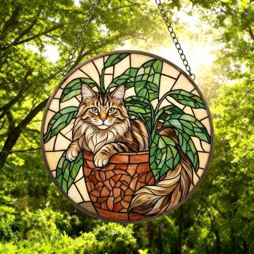 Custom Maine Coon Cat Stained Glass Window Hanging for Plant Lovers, Cozy Sunlit Home and Garden Decor, gift for cat lover - image 6