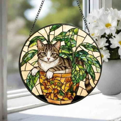 Custom Domestic Shorthair Cat Stained Glass Window Hanging for Plant Lovers, Cozy Sunlit Home and Garden Decor, gift for cat lover - image 4