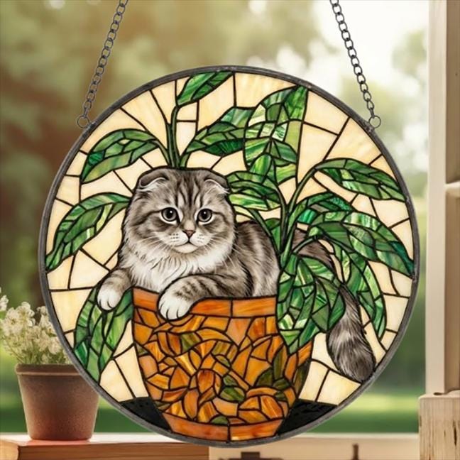 Custom Scottish Fold Cat Stained Glass Window Hanging for Plant Lovers, Cozy Sunlit Home and Garden Decor, gift for cat lover