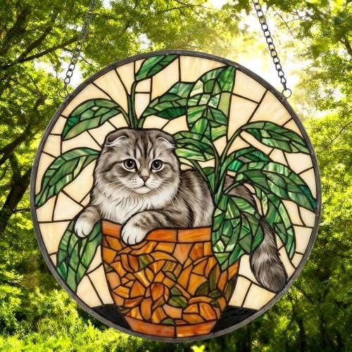 Custom Scottish Fold Cat Stained Glass Window Hanging for Plant Lovers, Cozy Sunlit Home and Garden Decor, gift for cat lover - image 4