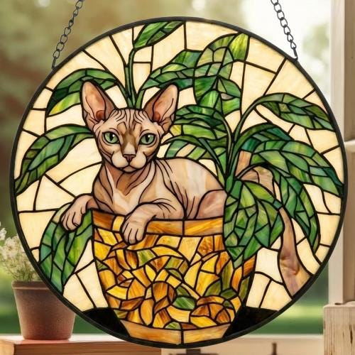 Custom Sphynx  Cat Stained Glass Window Hanging for Plant Lovers, Cozy Sunlit Home and Garden Decor, gift for cat lover - image 3