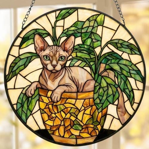 Custom Sphynx  Cat Stained Glass Window Hanging for Plant Lovers, Cozy Sunlit Home and Garden Decor, gift for cat lover - image 5