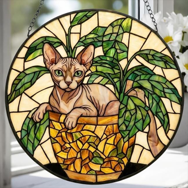 Custom Sphynx  Cat Stained Glass Window Hanging for Plant Lovers, Cozy Sunlit Home and Garden Decor, gift for cat lover