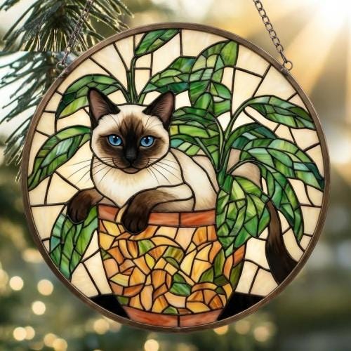 Custom Siamese Cat Stained Glass Window Hanging for Plant Lovers, Cozy Sunlit Home and Garden Decor, gift for cat lover - image 3