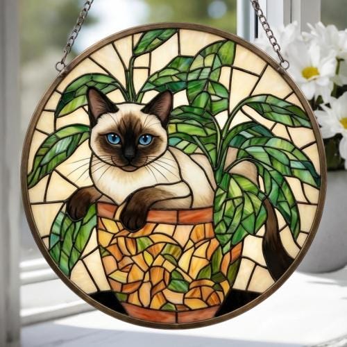 Custom Siamese Cat Stained Glass Window Hanging for Plant Lovers, Cozy Sunlit Home and Garden Decor, gift for cat lover - image 5