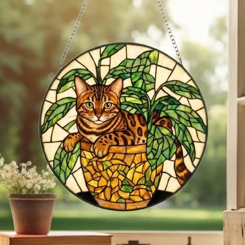 Custom Bengal  Cat Stained Glass Window Hanging for Plant Lovers, Cozy Sunlit Home and Garden Decor, gift for cat lover - image 3
