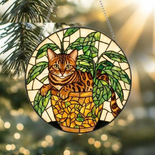 Custom Bengal  Cat Stained Glass Window Hanging for Plant Lovers, Cozy Sunlit Home and Garden Decor, gift for cat lover - image 2
