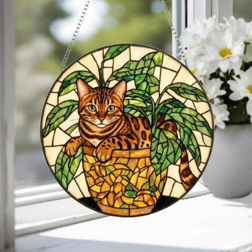 Custom Bengal  Cat Stained Glass Window Hanging for Plant Lovers, Cozy Sunlit Home and Garden Decor, gift for cat lover - image 4