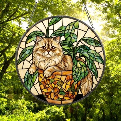 Custom Persian Cat Stained Glass Window Hanging for Plant Lovers, Cozy Sunlit Home and Garden Decor, gift for cat lover - image 4