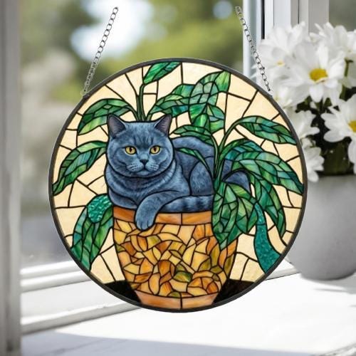 Custom British Shorthair Cat Stained Glass Window Hanging for Plant Lovers, Cozy Sunlit Home and Garden Decor, gift for cat lover - image 4
