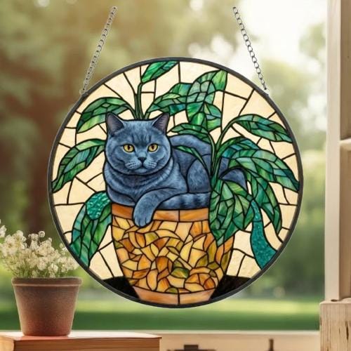 Custom British Shorthair Cat Stained Glass Window Hanging for Plant Lovers, Cozy Sunlit Home and Garden Decor, gift for cat lover - image 3