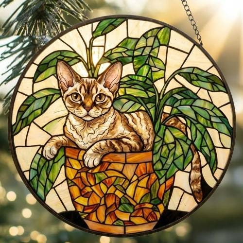 Custom Devon Rex cat Stained Glass Window Hanging for Plant Lovers, Cozy Sunlit Home and Garden Decor, gift for cat lover - image 2