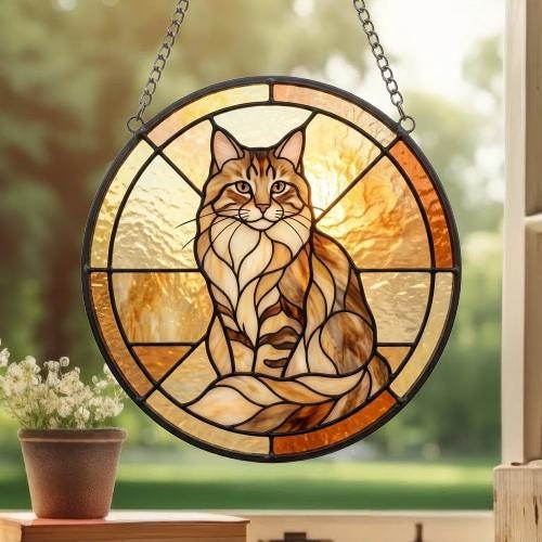 Custom Handmade Stained Glass Cat Suncatcher, Sunset Maine Coon Cat Window Hanging, Round Cat Glass Window Decor, Gift for Cat Lovers - image 3