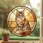 Custom Handmade Stained Glass Cat Suncatcher, Sunset Maine Coon Cat Window Hanging, Round Cat Glass Window Decor, Gift for Cat Lovers - image 3