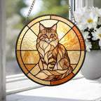 Custom Handmade Stained Glass Cat Suncatcher, Sunset Maine Coon Cat Window Hanging, Round Cat Glass Window Decor, Gift for Cat Lovers