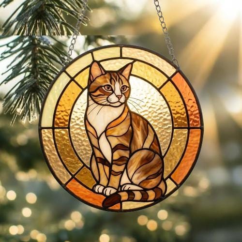 Custom Handmade Stained Glass Cat Suncatcher, Sunset Domestic Shorthair Cat Window Hanging, Round Cat Glass Window Decor,Gift for Cat Lovers - image 2