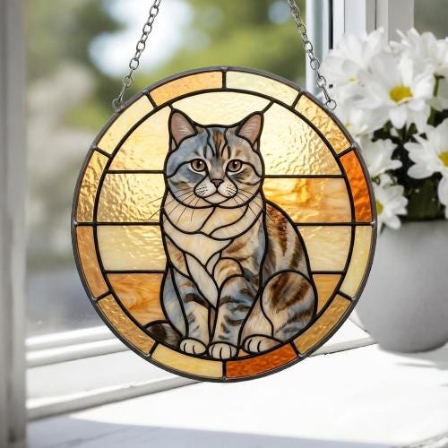 Custom Handmade Stained Glass Cat Suncatcher, Sunset British Shorthair Cat Window Hanging, Round Cat Glass Window Decor, Gift for Cat Lovers - image 3