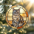 Custom Handmade Stained Glass Cat Suncatcher, Sunset British Shorthair Cat Window Hanging, Round Cat Glass Window Decor, Gift for Cat Lovers - image 2