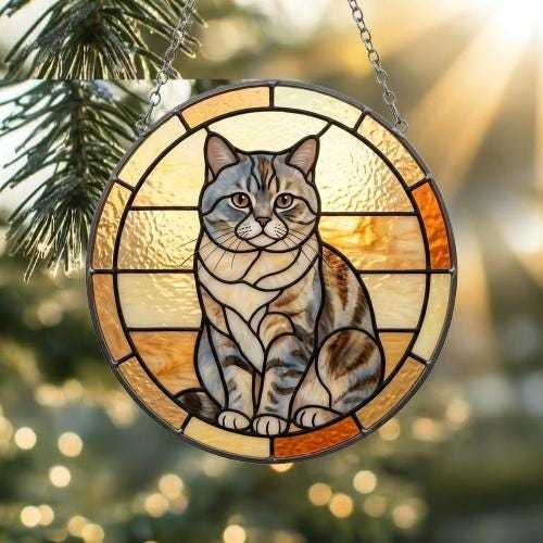 Custom Handmade Stained Glass Cat Suncatcher, Sunset British Shorthair Cat Window Hanging, Round Cat Glass Window Decor, Gift for Cat Lovers - image 2