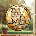 Custom Handmade Stained Glass Cat Suncatcher, Sunset Persian  Cat Window Hanging, Round Cat Glass Window Decor, Gift for Cat Lovers