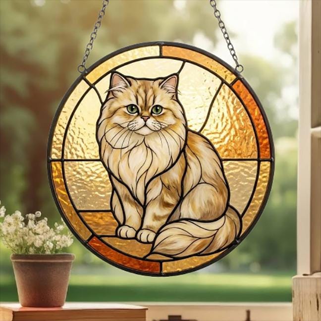 Custom Handmade Stained Glass Cat Suncatcher, Sunset Persian  Cat Window Hanging, Round Cat Glass Window Decor, Gift for Cat Lovers