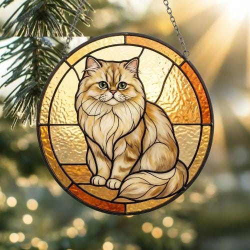 Custom Handmade Stained Glass Cat Suncatcher, Sunset Persian  Cat Window Hanging, Round Cat Glass Window Decor, Gift for Cat Lovers - image 2