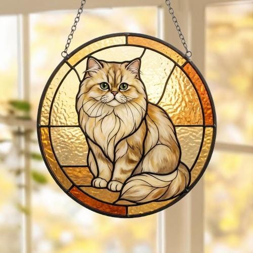 Custom Handmade Stained Glass Cat Suncatcher, Sunset Persian  Cat Window Hanging, Round Cat Glass Window Decor, Gift for Cat Lovers - image 5