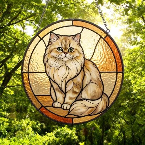Custom Handmade Stained Glass Cat Suncatcher, Sunset Persian  Cat Window Hanging, Round Cat Glass Window Decor, Gift for Cat Lovers - image 4