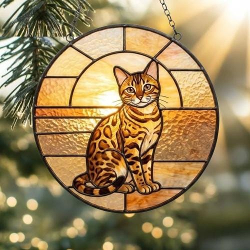 Custom Handmade Stained Glass Cat Suncatcher, Sunset Bengal Cat Window Hanging, Round Cat Glass Window Decor, Gift for Cat Lovers - image 2