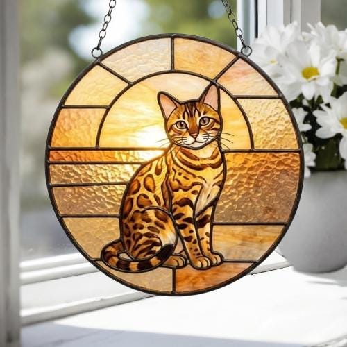 Custom Handmade Stained Glass Cat Suncatcher, Sunset Bengal Cat Window Hanging, Round Cat Glass Window Decor, Gift for Cat Lovers - image 3
