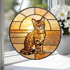 Custom Handmade Stained Glass Cat Suncatcher, Sunset Bengal Cat Window Hanging, Round Cat Glass Window Decor, Gift for Cat Lovers - image 3