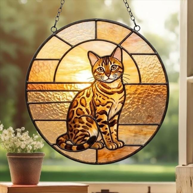 Custom Handmade Stained Glass Cat Suncatcher, Sunset Bengal Cat Window Hanging, Round Cat Glass Window Decor, Gift for Cat Lovers