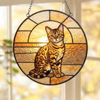 Custom Handmade Stained Glass Cat Suncatcher, Sunset Bengal Cat Window Hanging, Round Cat Glass Window Decor, Gift for Cat Lovers - image 5