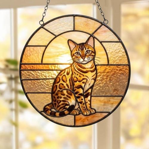 Custom Handmade Stained Glass Cat Suncatcher, Sunset Bengal Cat Window Hanging, Round Cat Glass Window Decor, Gift for Cat Lovers - image 5