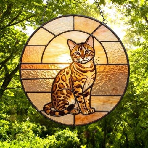 Custom Handmade Stained Glass Cat Suncatcher, Sunset Bengal Cat Window Hanging, Round Cat Glass Window Decor, Gift for Cat Lovers - image 4