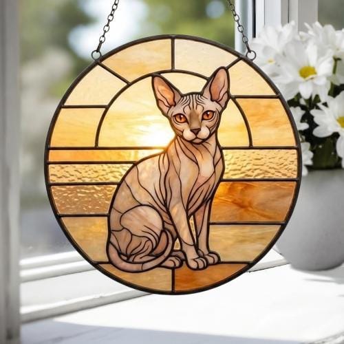 Custom Handmade Stained Glass Cat Suncatcher, Sunset Sphynx Cat Window Hanging, Round Cat Glass Window Decor, Gift for Cat Lovers - image 4