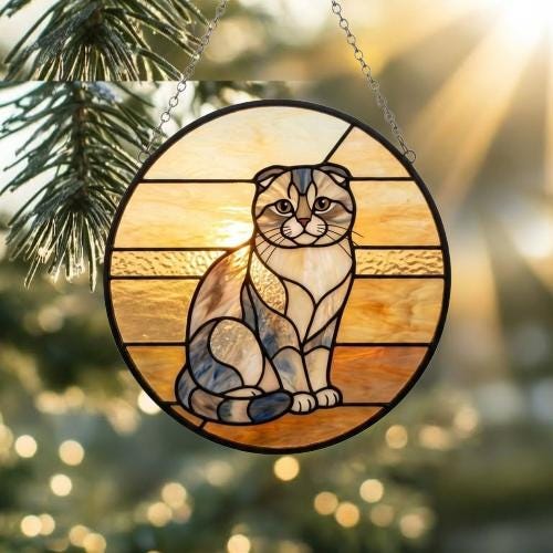 Custom Handmade Stained Glass Cat Suncatcher, Sunset Scottish Fold Cat Window Hanging, Round Cat Glass Window Decor, Gift for Cat Lovers - image 2