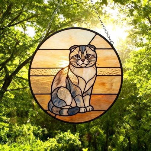 Custom Handmade Stained Glass Cat Suncatcher, Sunset Scottish Fold Cat Window Hanging, Round Cat Glass Window Decor, Gift for Cat Lovers - image 4