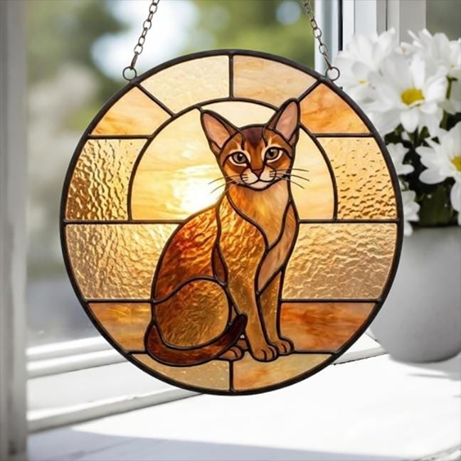 Custom Handmade Stained Glass Cat Suncatcher, Sunset Abyssinian  Cat Window Hanging, Round Cat Glass Window Decor, Gift for Cat Lovers