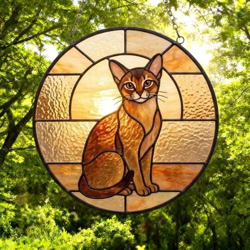 Custom Handmade Stained Glass Cat Suncatcher, Sunset Abyssinian  Cat Window Hanging, Round Cat Glass Window Decor, Gift for Cat Lovers - image 4