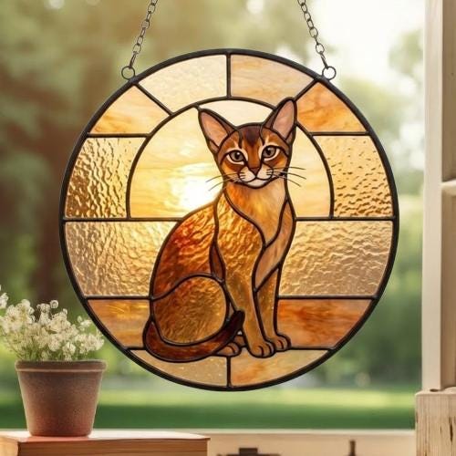 Custom Handmade Stained Glass Cat Suncatcher, Sunset Abyssinian  Cat Window Hanging, Round Cat Glass Window Decor, Gift for Cat Lovers - image 3