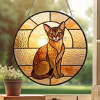 Custom Handmade Stained Glass Cat Suncatcher, Sunset Abyssinian  Cat Window Hanging, Round Cat Glass Window Decor, Gift for Cat Lovers - image 3