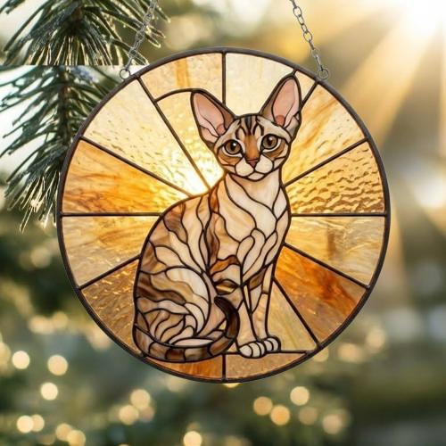 Custom Handmade Stained Glass Cat Suncatcher, Sunset Devon Rex Cat Window Hanging, Round Cat Glass Window Decor, Gift for Cat Lovers - image 2